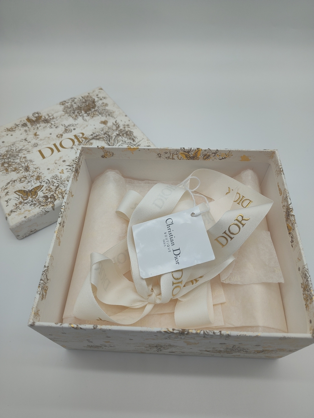 DIOR Limited Edition Holiday Gift Box Ribbon Tissue Gold Foil Butterfly EUC
